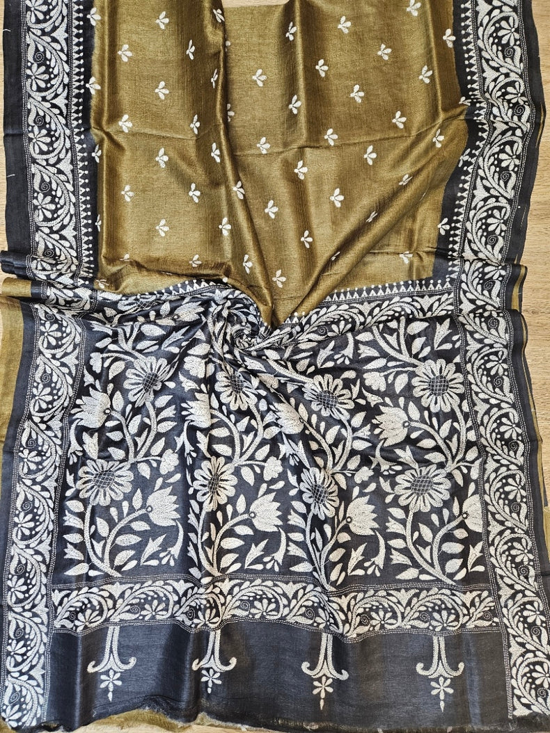 Balaram Saha: Luxury Meets Tradition - Cream & Green Pure Tussar Silk Saree with Kantha Embroidery Balaram Saha