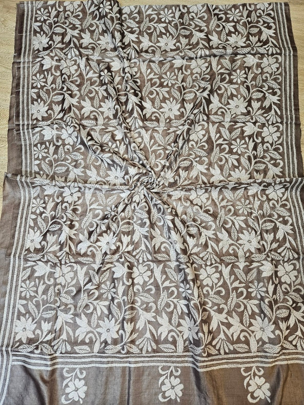Brown & White Handstitch Kantha Tussar Silk Saree by Balaram Saha Balaram Saha