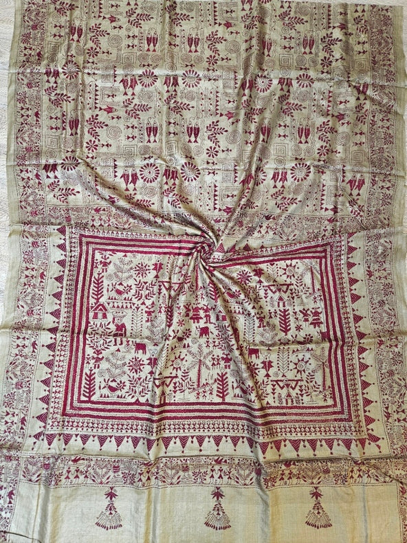 Threads of Tradition: Balaram Saha's Black & White Tussar Handstitch Kantha Silk Saree Balaram Saha