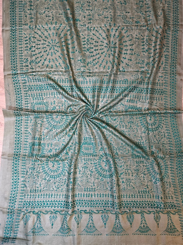 A Timeless Statement: Light Green Handloom Tussar Silk Kantha Saree by Balaram Saha Balaram Saha