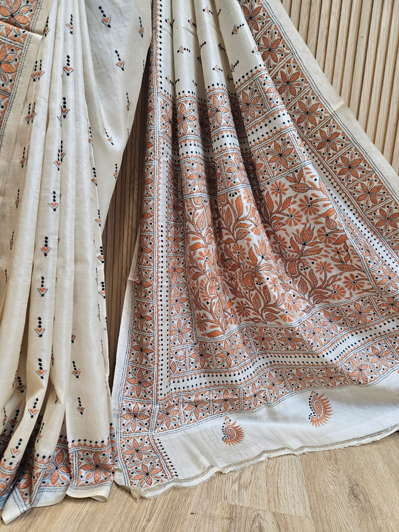 Off-White Balaram Saha’s Masterpiece Kantha Tussar Silk Saree Balaram Saha