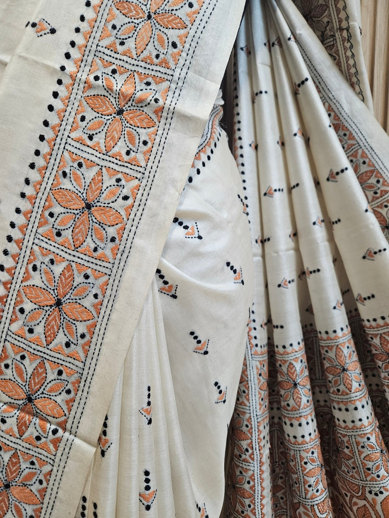 Off-White Balaram Saha’s Masterpiece Kantha Tussar Silk Saree Balaram Saha