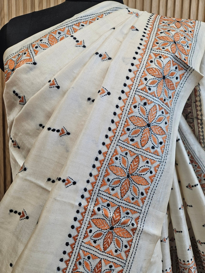 Off-White Balaram Saha’s Masterpiece Kantha Tussar Silk Saree Balaram Saha