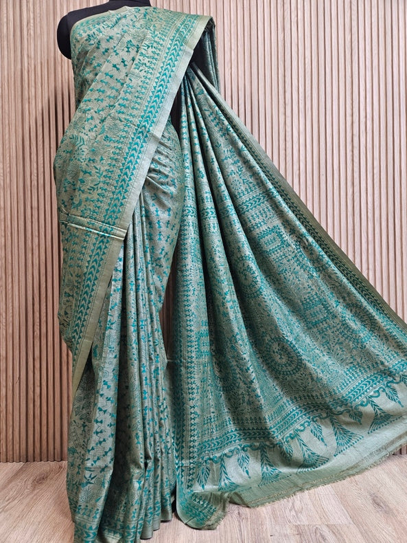 A Timeless Statement: Light Green Handloom Tussar Silk Kantha Saree by Balaram Saha Balaram Saha