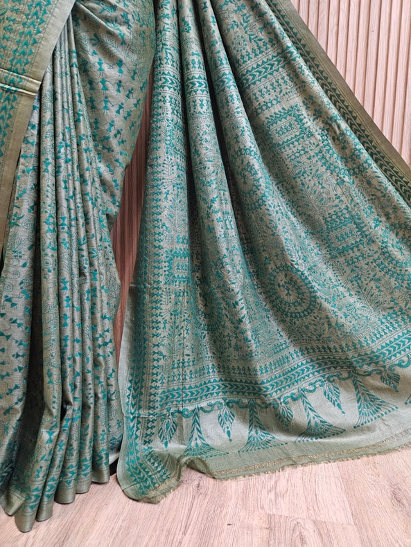 A Timeless Statement: Light Green Handloom Tussar Silk Kantha Saree by Balaram Saha Balaram Saha