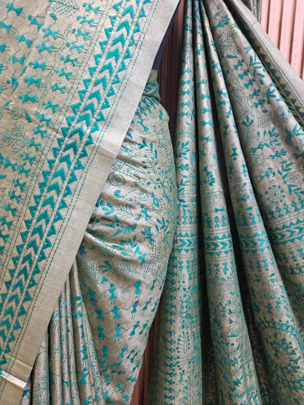 A Timeless Statement: Light Green Handloom Tussar Silk Kantha Saree by Balaram Saha Balaram Saha