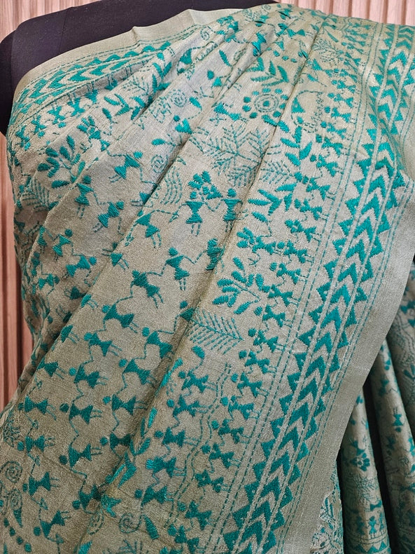 A Timeless Statement: Light Green Handloom Tussar Silk Kantha Saree by Balaram Saha Balaram Saha