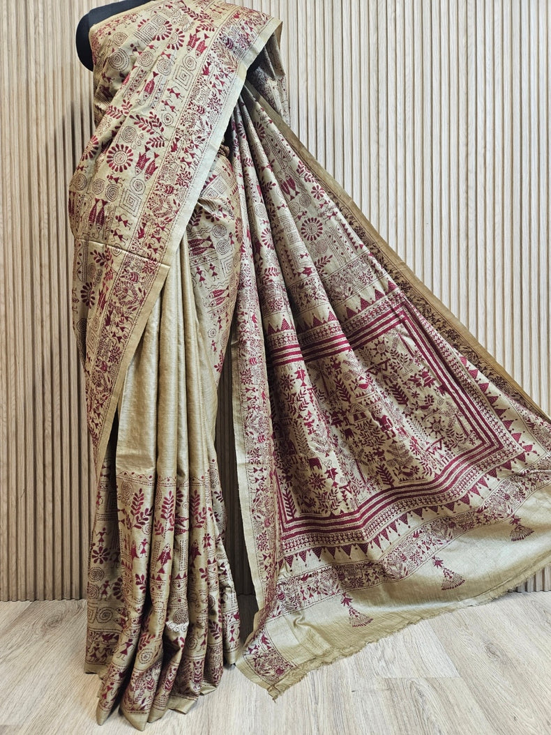 Threads of Tradition: Balaram Saha's Black & White Tussar Handstitch Kantha Silk Saree Balaram Saha