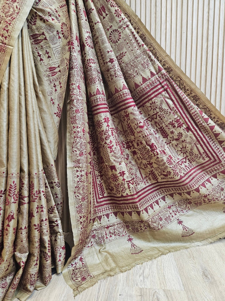 Threads of Tradition: Balaram Saha's Black & White Tussar Handstitch Kantha Silk Saree Balaram Saha