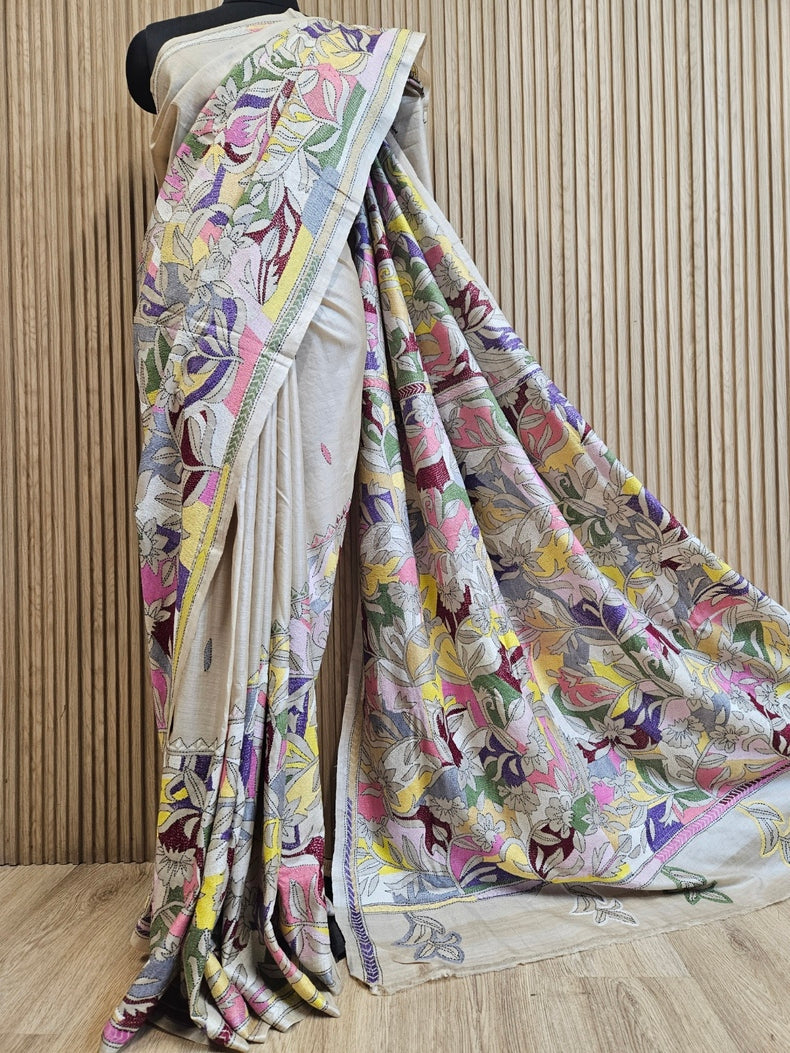 Luxurious Crean & Multicolor Handstitched Kantha Silk Saree from Balaram Saha Balaram Saha