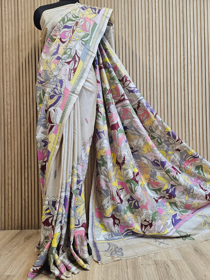 Luxurious Crean & Multicolor Handstitched Kantha Silk Saree from Balaram Saha Balaram Saha