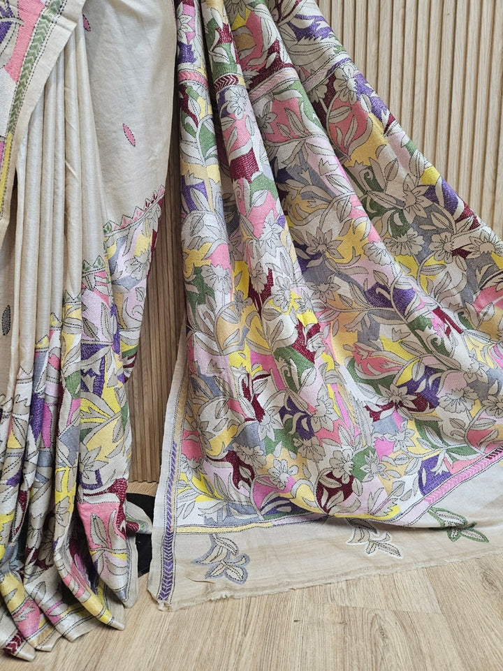 Luxurious Crean & Multicolor Handstitched Kantha Silk Saree from Balaram Saha Balaram Saha