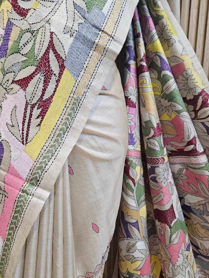 Luxurious Crean & Multicolor Handstitched Kantha Silk Saree from Balaram Saha Balaram Saha