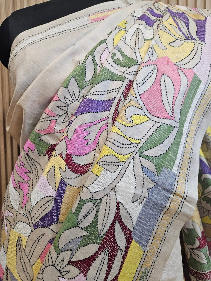 Luxurious Crean & Multicolor Handstitched Kantha Silk Saree from Balaram Saha Balaram Saha