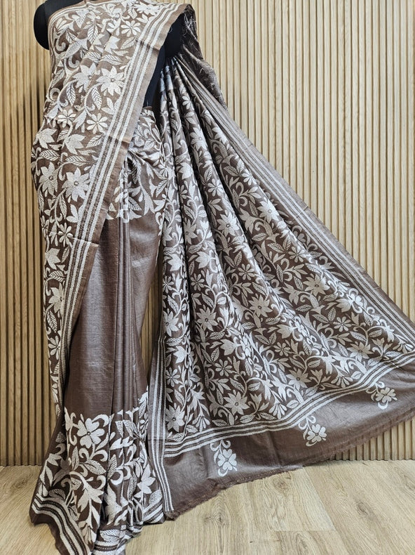 Brown & White Handstitch Kantha Tussar Silk Saree by Balaram Saha Balaram Saha
