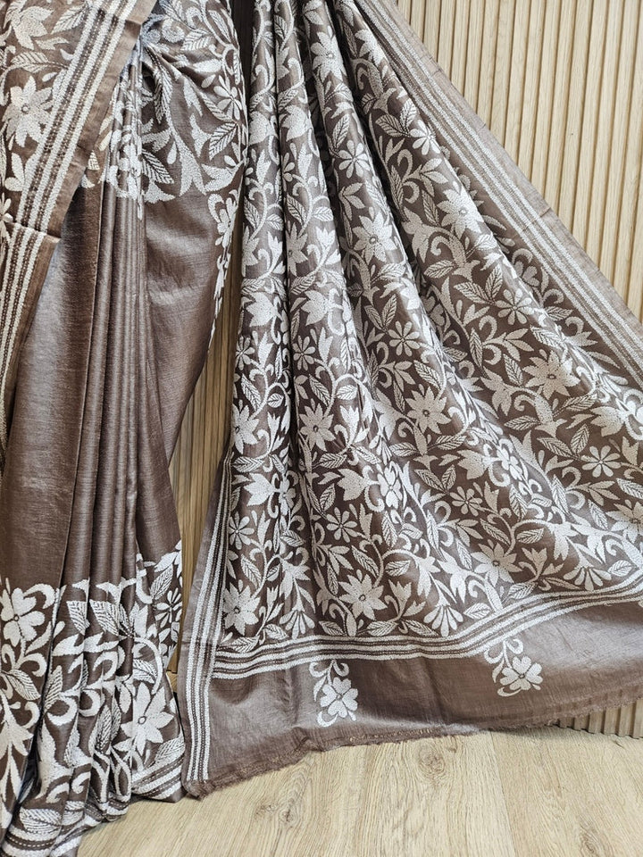 Brown & White Handstitch Kantha Tussar Silk Saree by Balaram Saha Balaram Saha