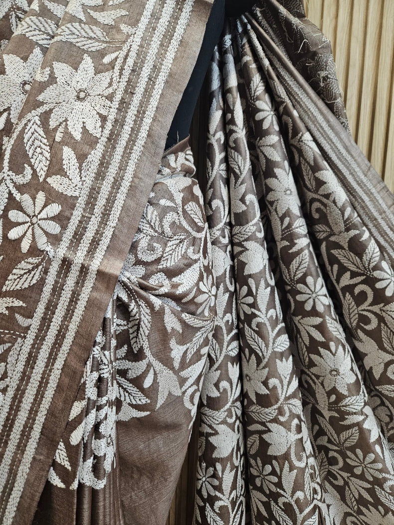 Brown & White Handstitch Kantha Tussar Silk Saree by Balaram Saha Balaram Saha