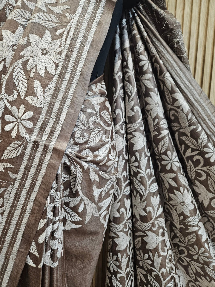 Brown & White Handstitch Kantha Tussar Silk Saree by Balaram Saha Balaram Saha