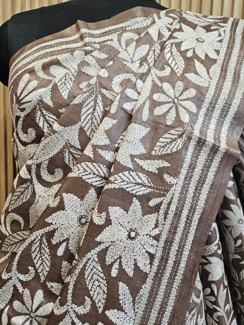 Brown & White Handstitch Kantha Tussar Silk Saree by Balaram Saha Balaram Saha