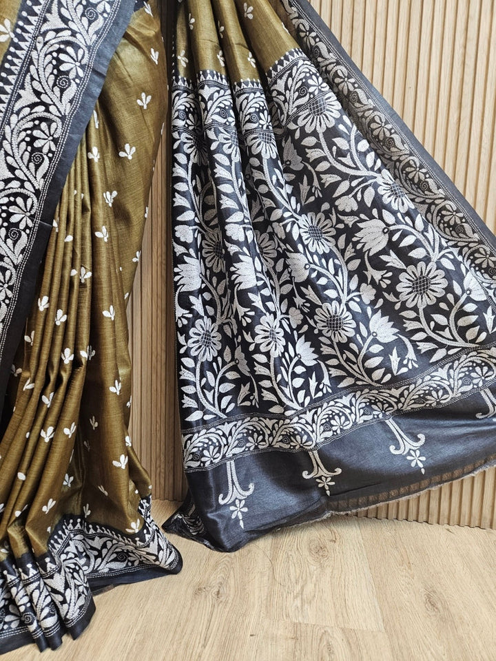 Balaram Saha: Luxury Meets Tradition - Cream & Green Pure Tussar Silk Saree with Kantha Embroidery Balaram Saha