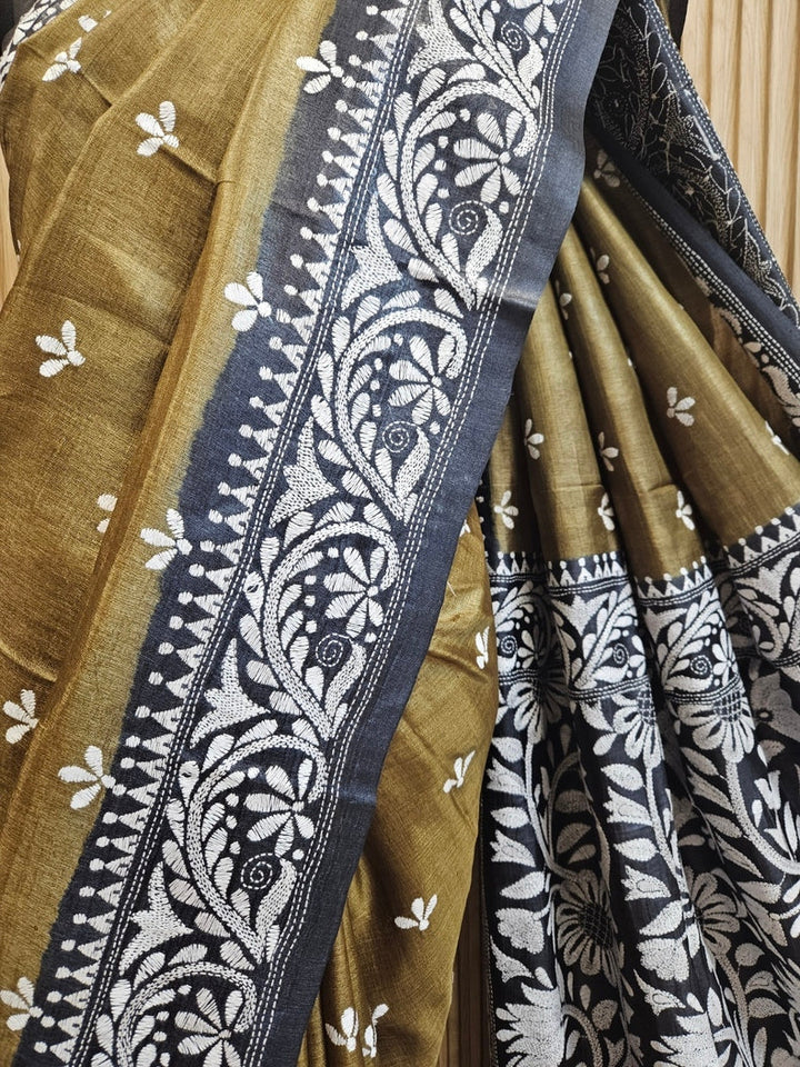 Balaram Saha: Luxury Meets Tradition - Cream & Green Pure Tussar Silk Saree with Kantha Embroidery Balaram Saha