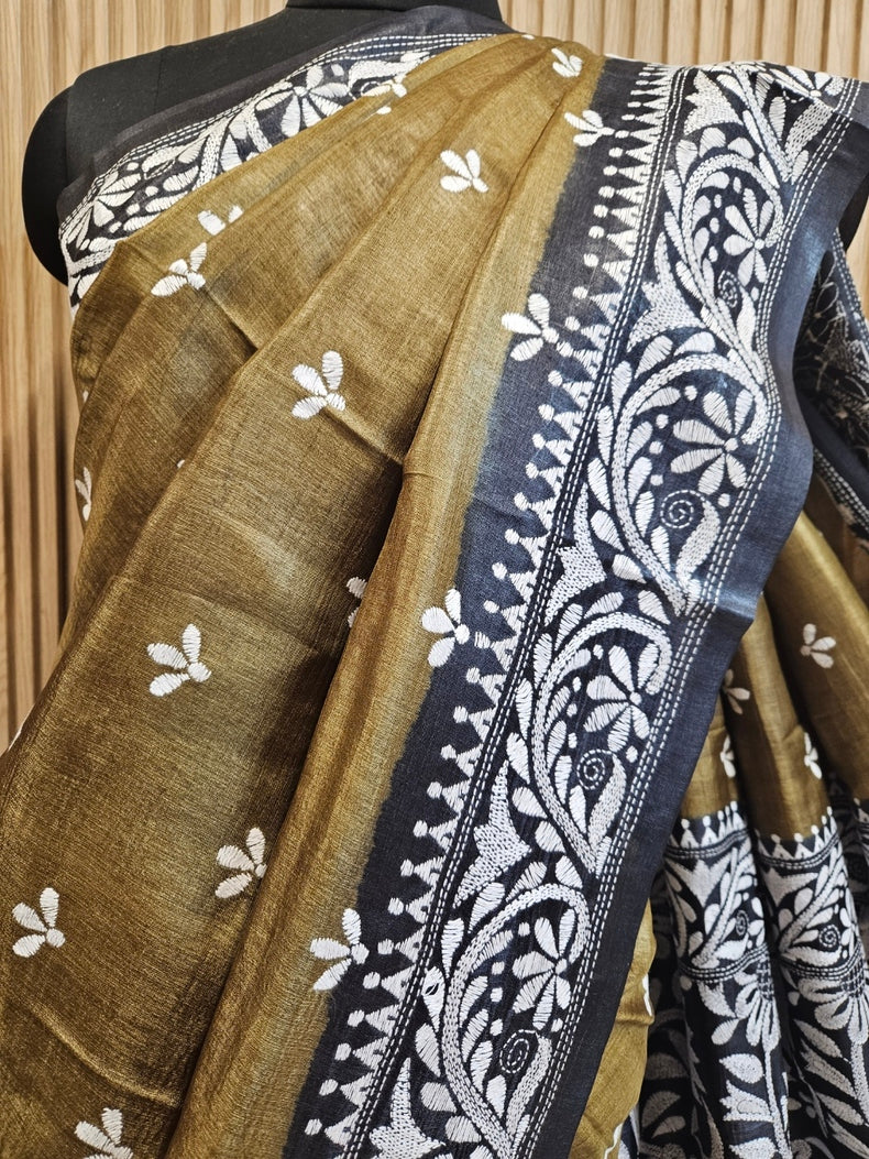 Balaram Saha: Luxury Meets Tradition - Cream & Green Pure Tussar Silk Saree with Kantha Embroidery Balaram Saha