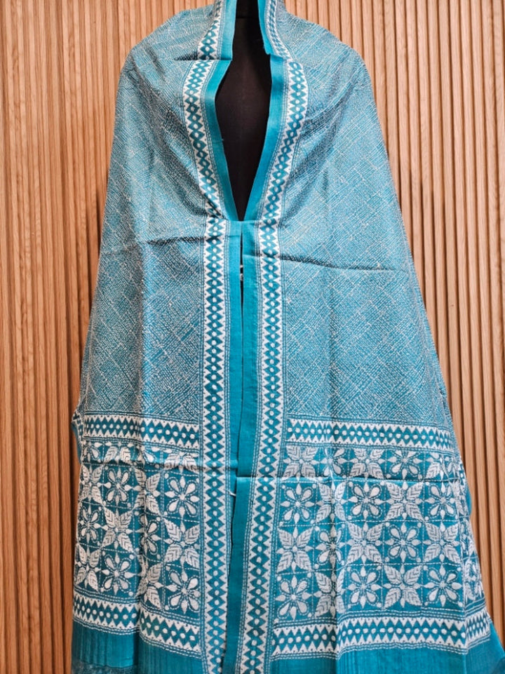 Sky Blue & White Premium Tussar Silk Hand StitchKantha Dupatta Balaram Saha