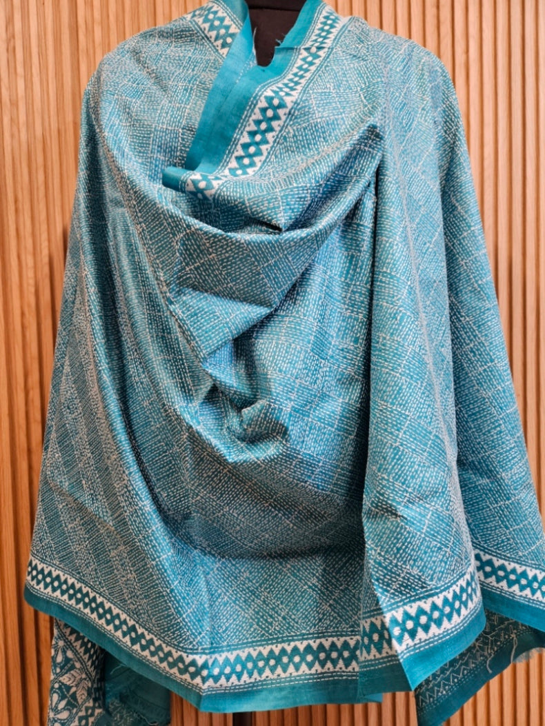 Sky Blue & White Premium Tussar Silk Hand StitchKantha Dupatta Balaram Saha