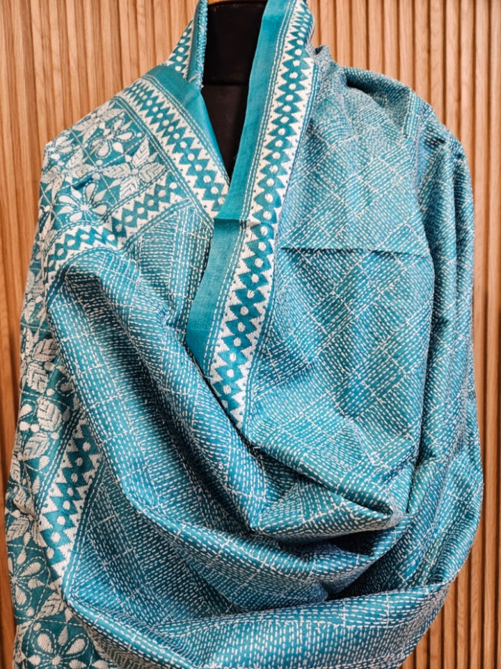 Sky Blue & White Premium Tussar Silk Hand StitchKantha Dupatta Balaram Saha