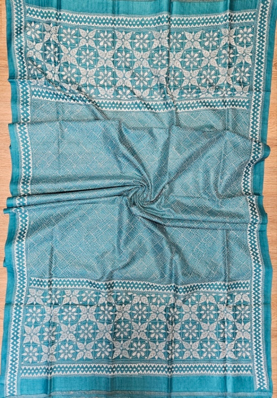Sky Blue & White Premium Tussar Silk Hand StitchKantha Dupatta Balaram Saha