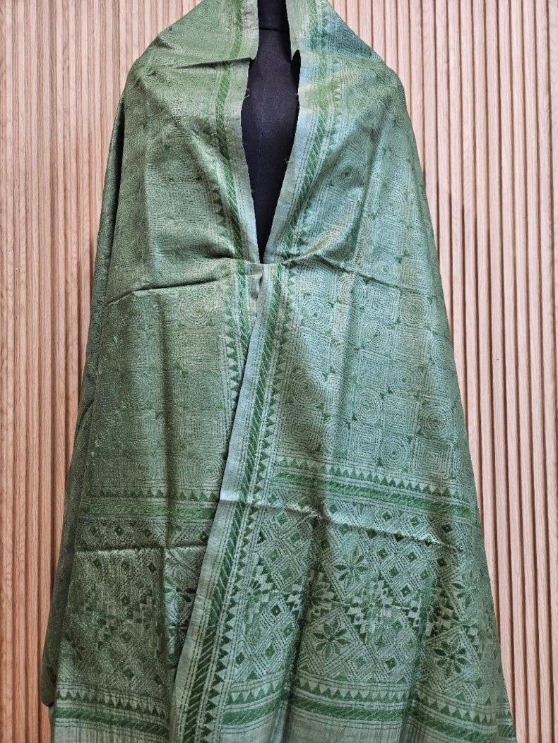 Olive Green Premium Tussar Silk HandStitch Kantha Dupatta with Traditional Geometric Design Balaram Saha