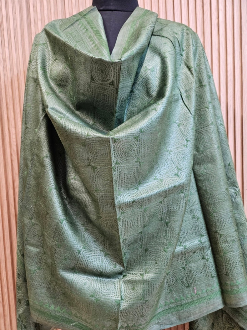 Olive Green Premium Tussar Silk HandStitch Kantha Dupatta with Traditional Geometric Design Balaram Saha