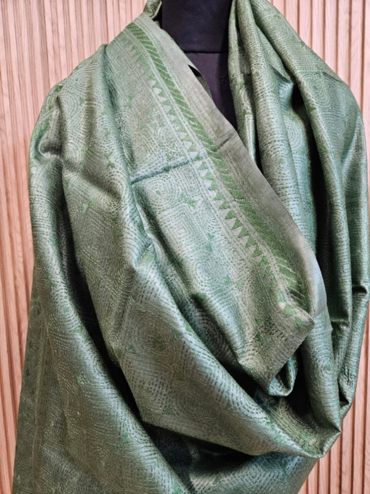 Olive Green Premium Tussar Silk HandStitch Kantha Dupatta with Traditional Geometric Design Balaram Saha