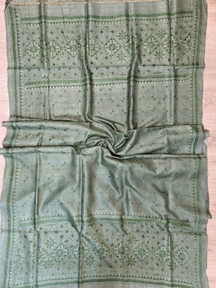 Olive Green Premium Tussar Silk HandStitch Kantha Dupatta with Traditional Geometric Design Balaram Saha