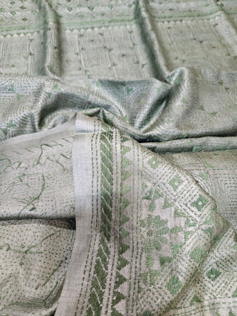 Olive Green Premium Tussar Silk HandStitch Kantha Dupatta with Traditional Geometric Design Balaram Saha