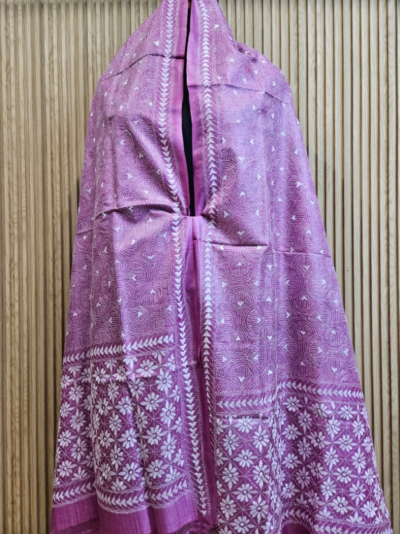 Onion Pink Premium Tussar Silk Hand Kantha Stitch Dupatta Balaram Saha