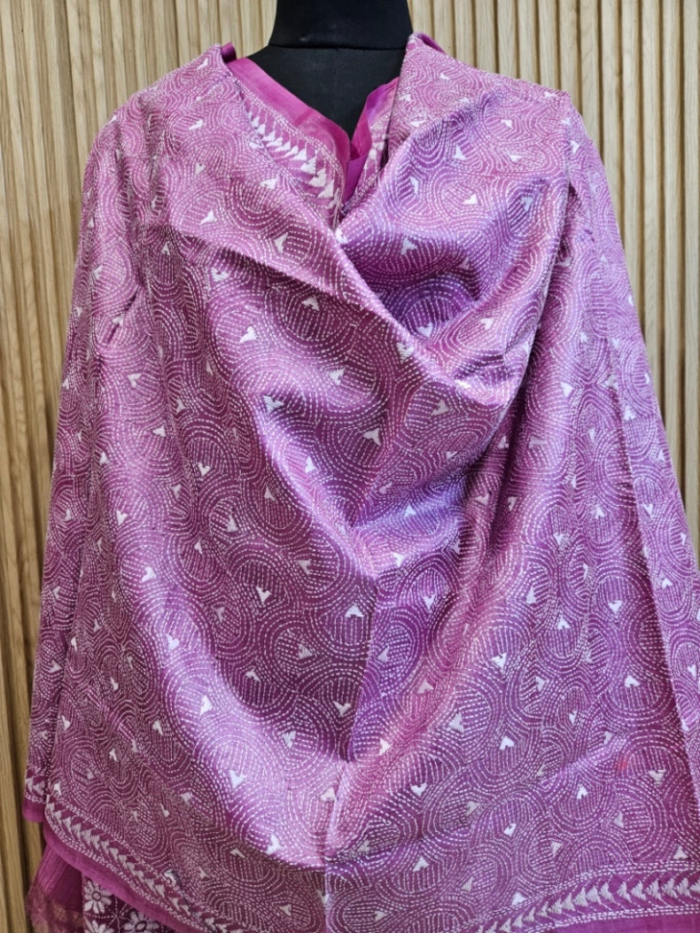 Onion Pink Premium Tussar Silk Hand Kantha Stitch Dupatta Balaram Saha