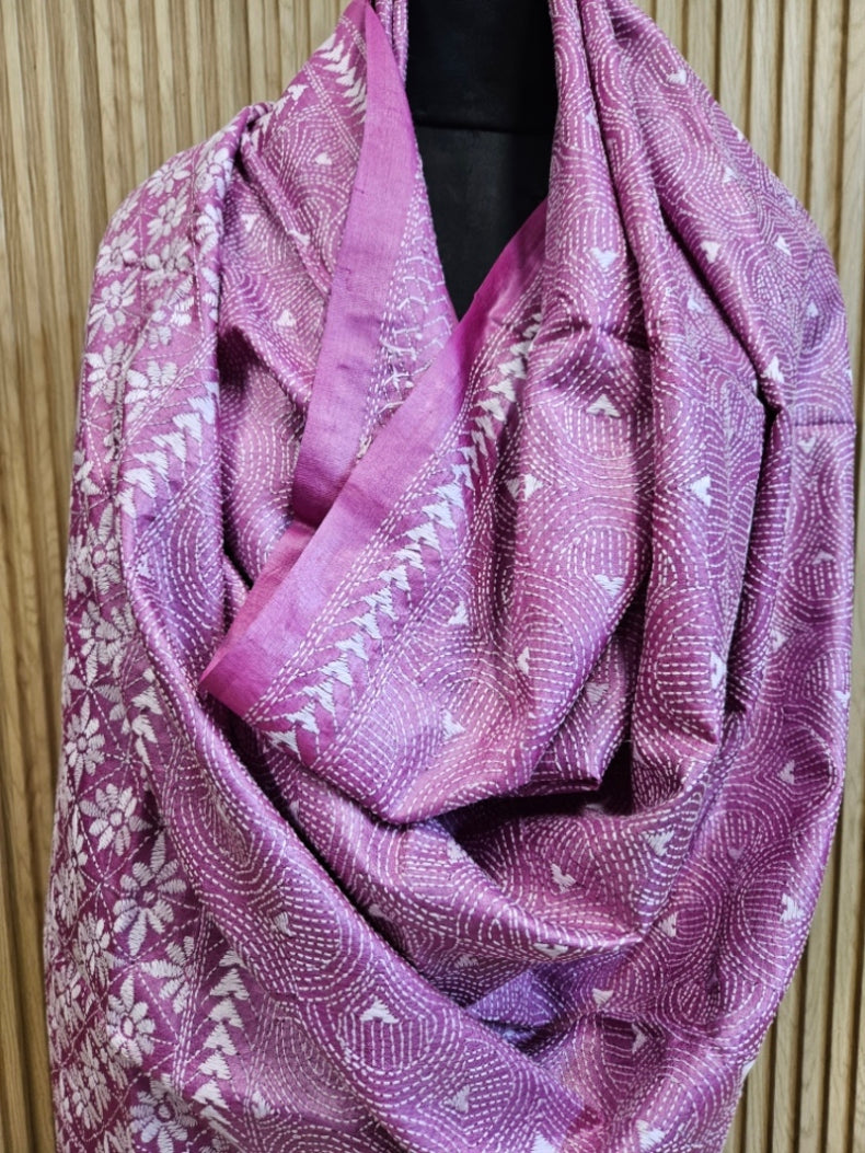 Onion Pink Premium Tussar Silk Hand Kantha Stitch Dupatta Balaram Saha