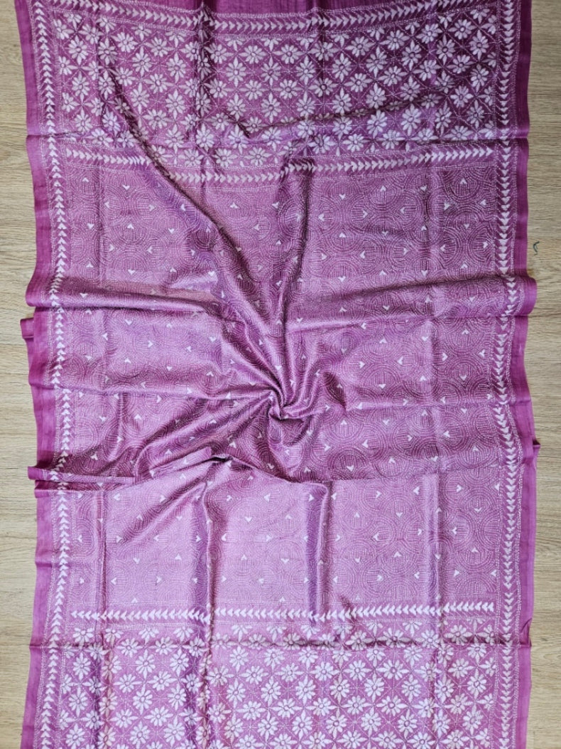 Onion Pink Premium Tussar Silk Hand Kantha Stitch Dupatta Balaram Saha