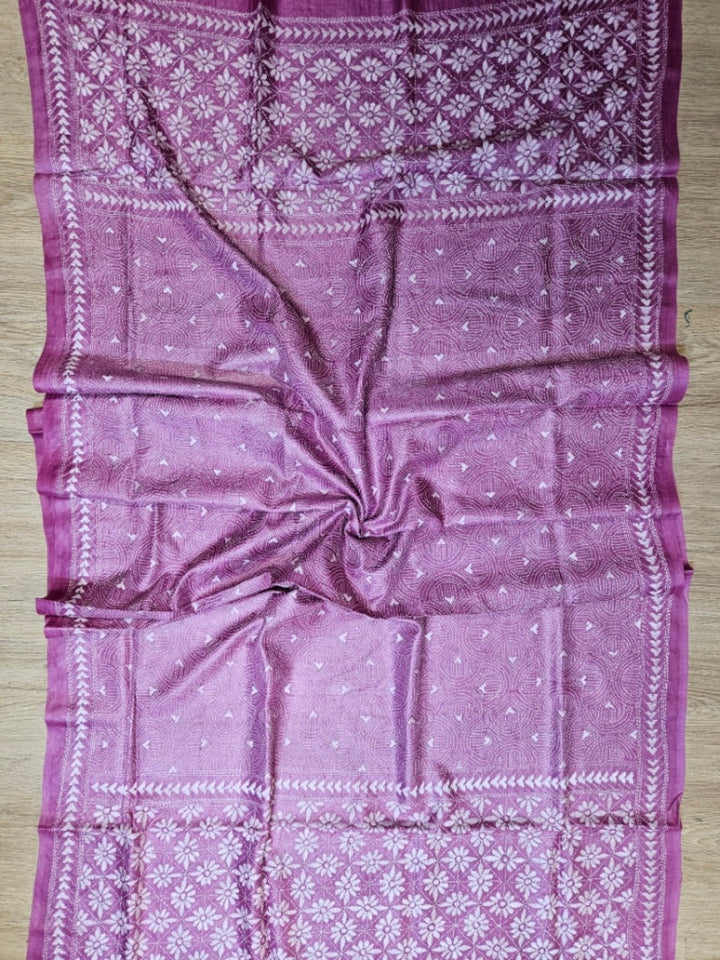 Onion Pink Premium Tussar Silk Hand Kantha Stitch Dupatta Balaram Saha