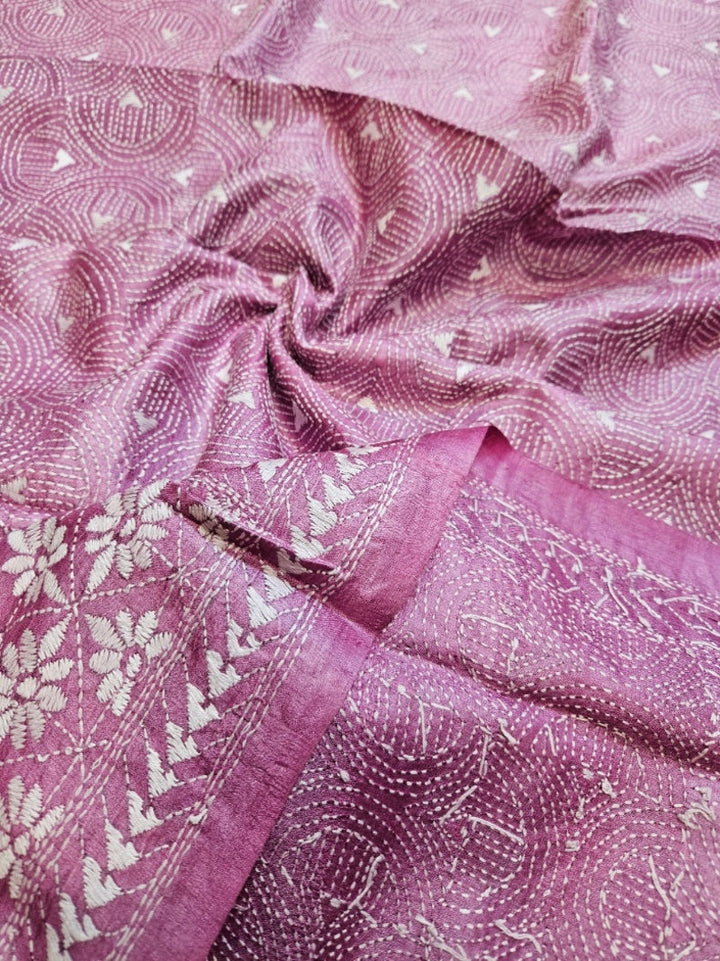 Onion Pink Premium Tussar Silk Hand Kantha Stitch Dupatta Balaram Saha