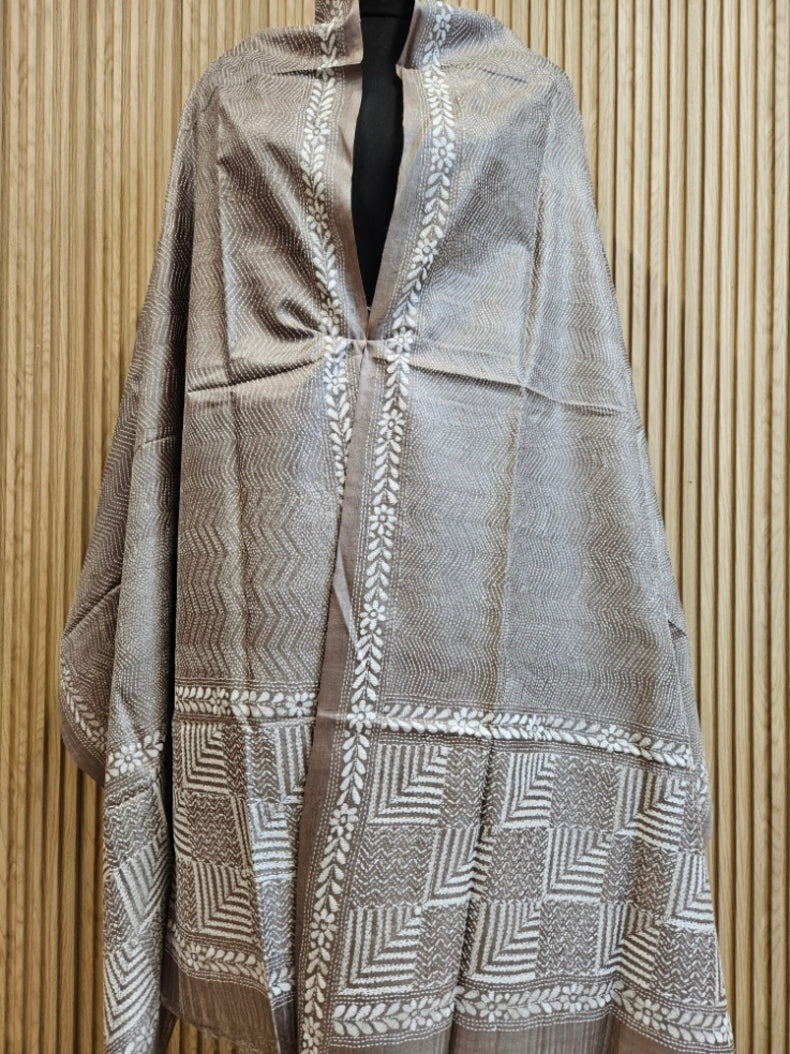 Brown & White Premium Tussar Silk HandStitch Kantha Dupatta Balaram Saha