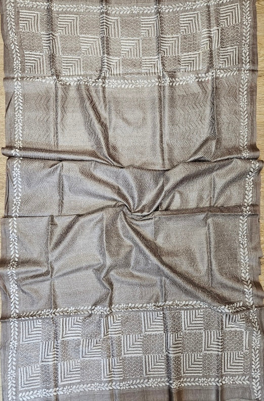 Brown & White Premium Tussar Silk HandStitch Kantha Dupatta Balaram Saha