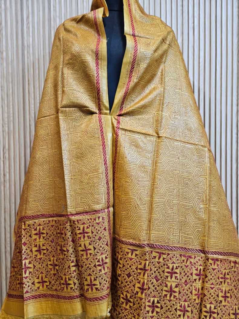 Mustard Yellow & Maroon Premium Tussar Silk Hand Kantha Stitch Dupatta Balaram Saha