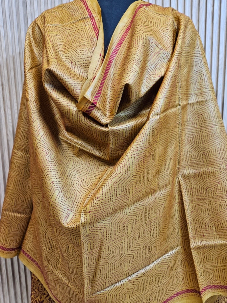 Mustard Yellow & Maroon Premium Tussar Silk Hand Kantha Stitch Dupatta Balaram Saha