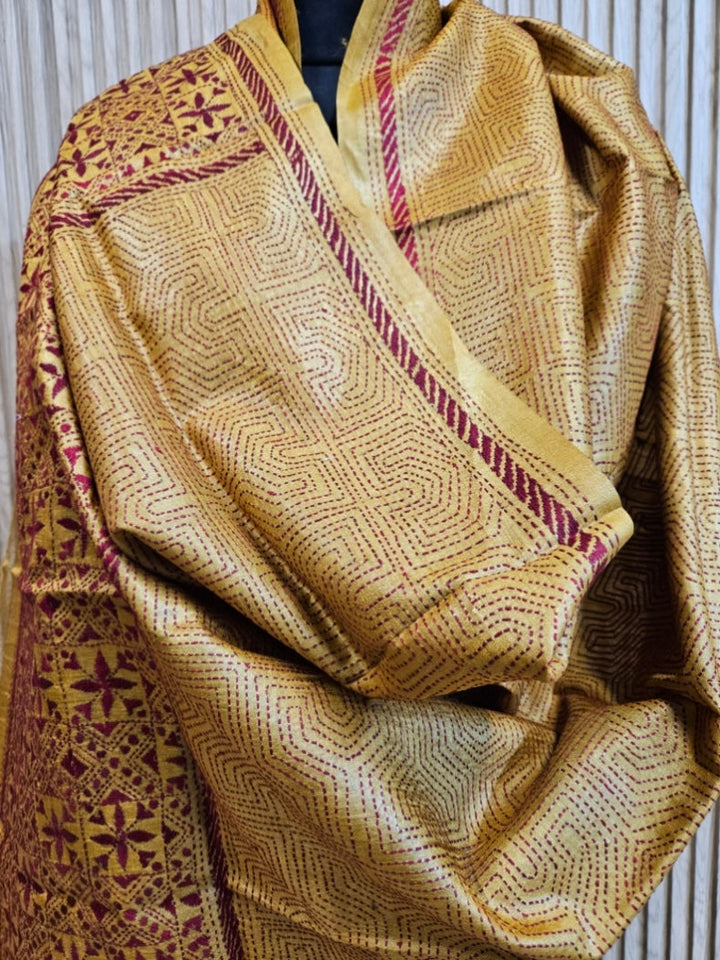 Mustard Yellow & Maroon Premium Tussar Silk Hand Kantha Stitch Dupatta Balaram Saha