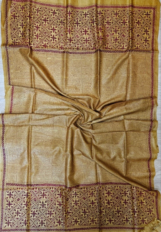 Mustard Yellow & Maroon Premium Tussar Silk Hand Kantha Stitch Dupatta Balaram Saha