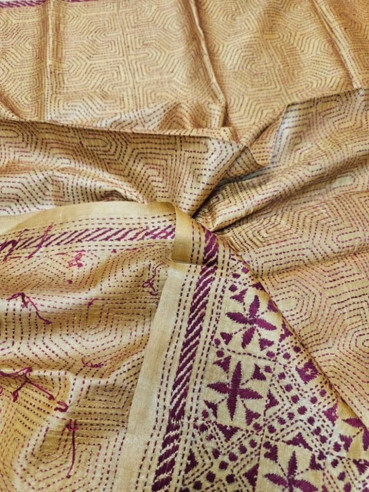 Mustard Yellow & Maroon Premium Tussar Silk Hand Kantha Stitch Dupatta Balaram Saha