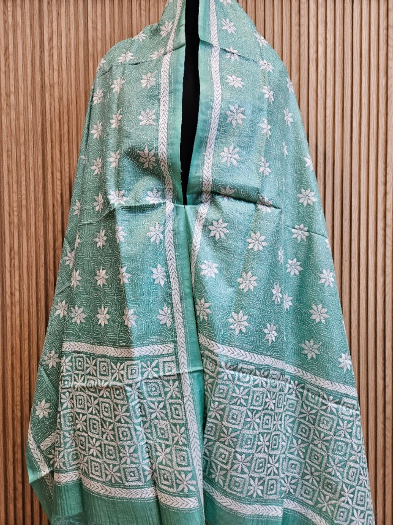 Sea Green & White Premium Tussar Silk HandStitch Kantha Dupatta Balaram Saha