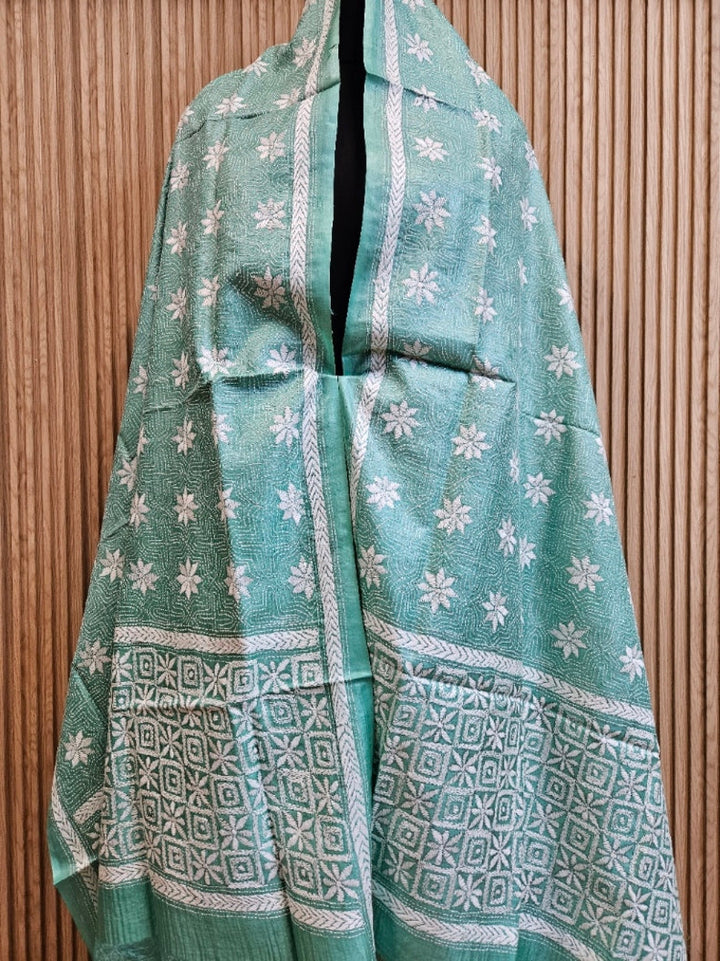 Sea Green & White Premium Tussar Silk HandStitch Kantha Dupatta Balaram Saha